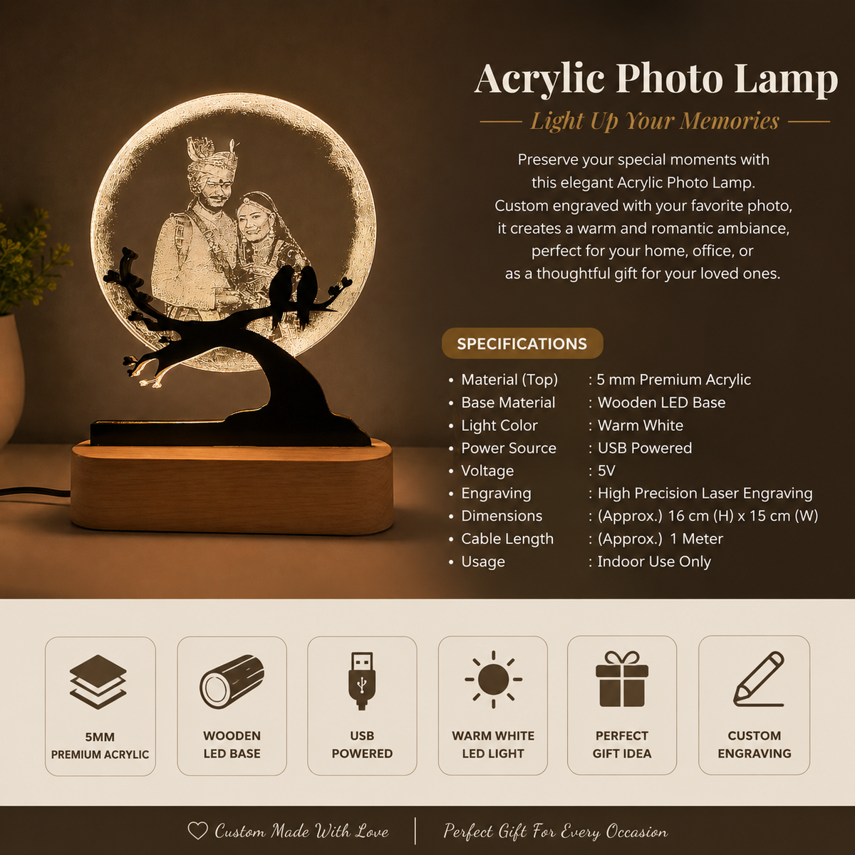 Acrylic Personalized Photo LED Lamp – Custom Engraved Wooden Base