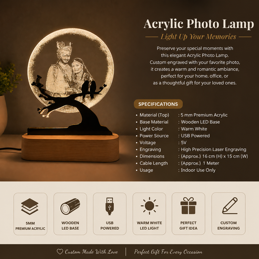 Acrylic Personalized Photo LED Lamp – Custom Engraved Wooden Base