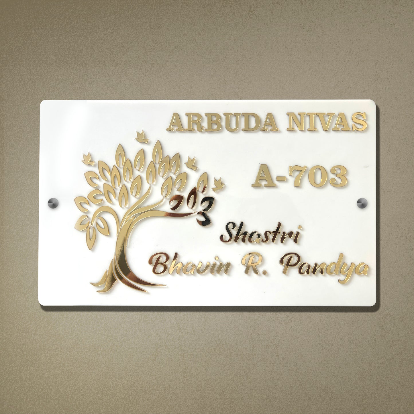 Premium White Acrylic Name Plate with Golden Tree Design | Personalized House Name Board