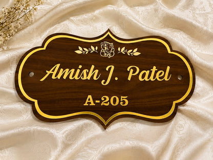 Premium Personalized Wooden Name Plate with Golden Acrylic | Custom House Door Name Board