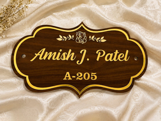 Premium Personalized Wooden Name Plate with Golden Acrylic | Custom House Door Name Board