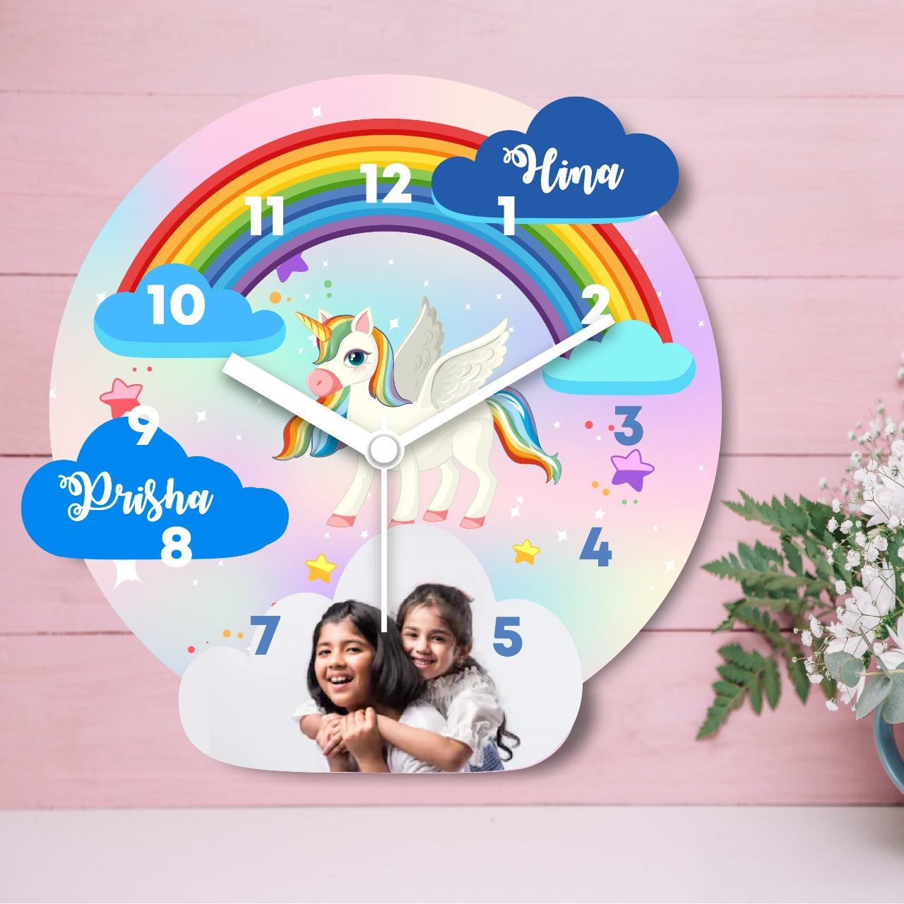 Personalized Unicorn Wall Clock with Photo & Name | Custom Kids Wall Clock | Rainbow Unicorn Nursery Clock | Birthday Gift for Girls