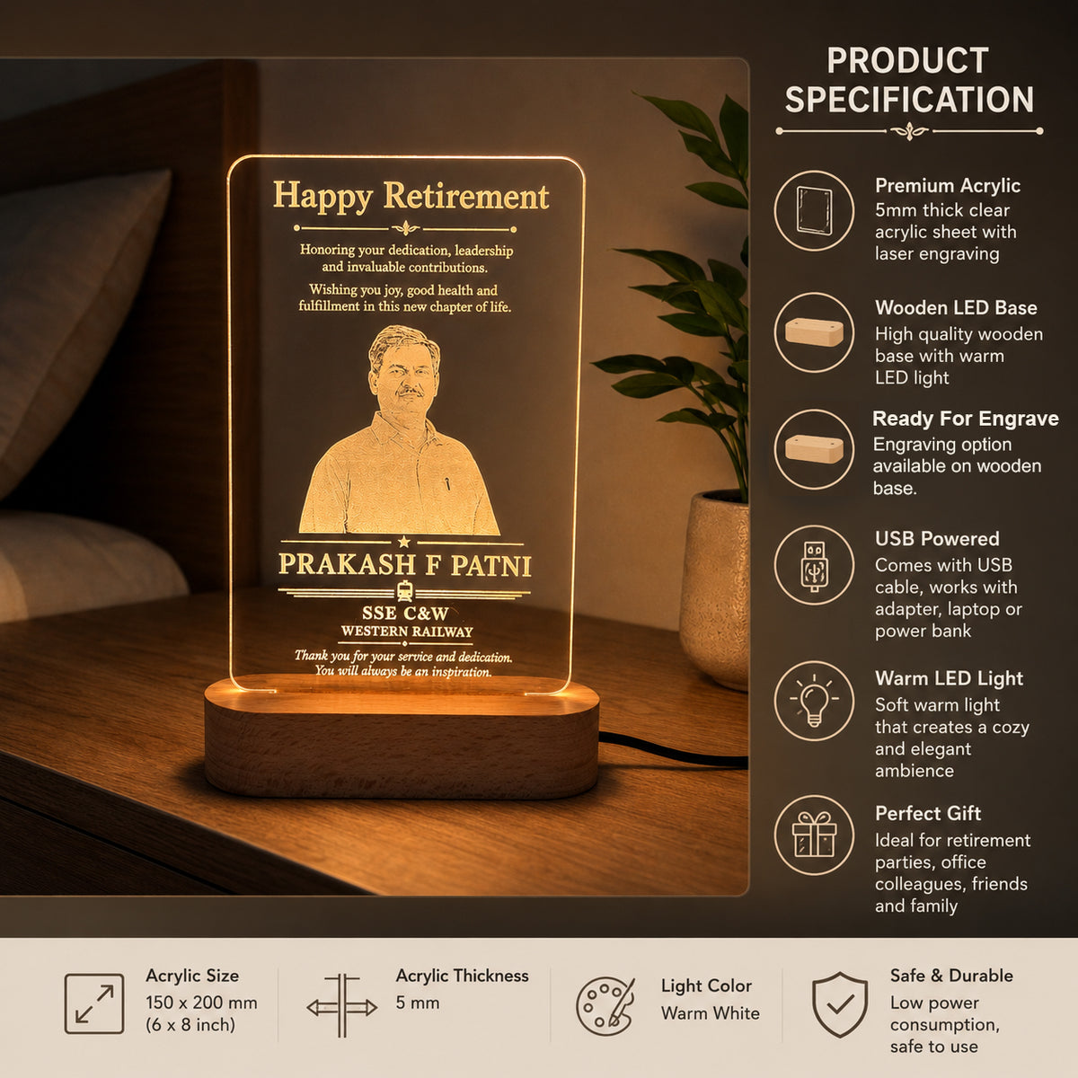Personalized Retirement Acrylic LED Lamp with Wooden Base