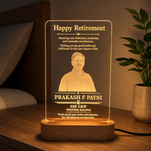 Personalized Retirement Acrylic LED Lamp with Wooden Base